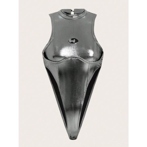 Wicked Silk Tops - Metallic Silver High Cut Bodysuit Women Sleeveless Mock Neck Cutout Clubwear M